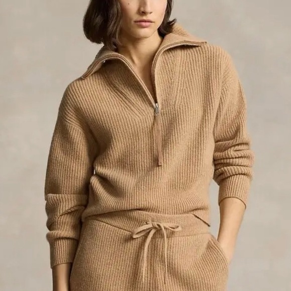 Polo Ralph Lauren Sweaters - Ralph Lauren Cashmere-Wool Half-Zip Sweater in COLLECTION CAMEL MELANGE Size M